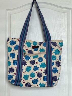 bungalow 360 Cream Tote with Turquoise and Purple Puffer Fish Print